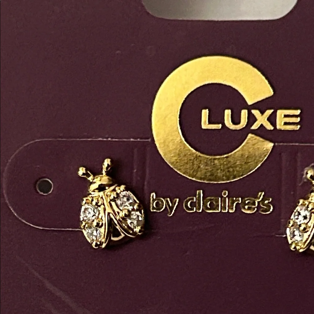 Claire's C Luxe 18Kt Gold Plated Cubic Zirconia Earrings 🐾 PAWS-Ladybug NEW